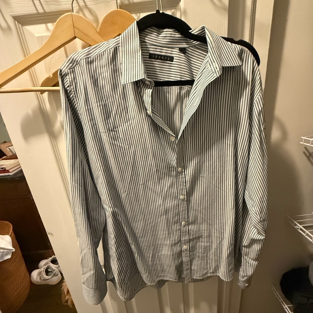Theory Men's Black and White Striped Dress Shirt